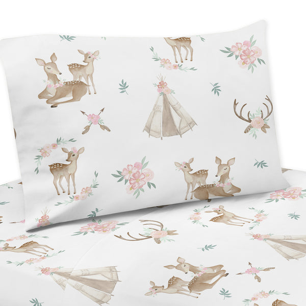 Deer Floral Collection Twin Sheet Set