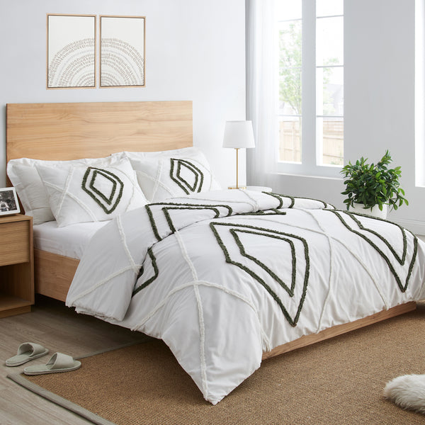 Diamond Tuft Hunter Green Collection Queen Duvet Cover Bedding Set