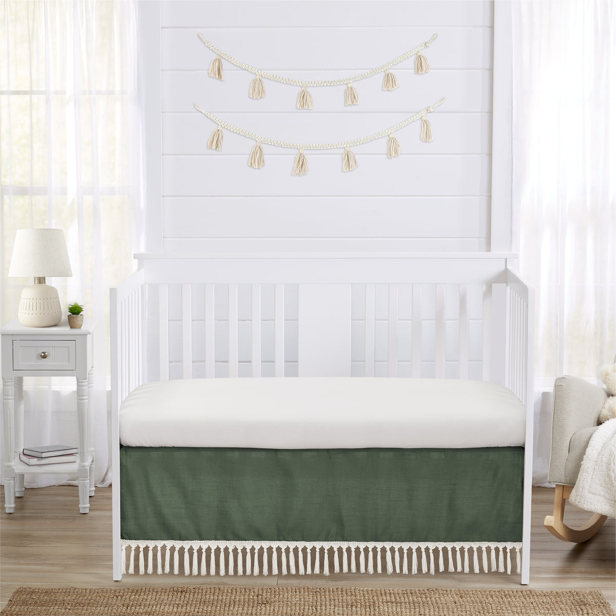 Diamond Tuft Dark Sage Green and Ivory Collection Crib Bed Skirt