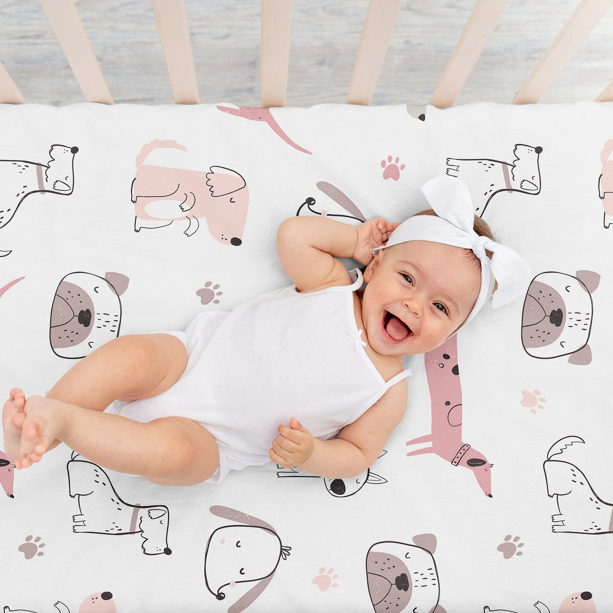 Cartoon Puppy Dog White and Pink Collection Crib Sheet