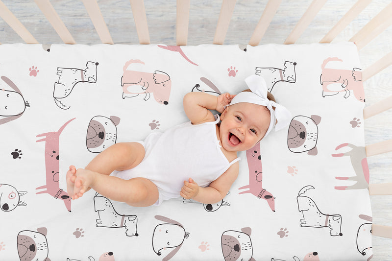 Cartoon Puppy Dog White and Pink Collection Crib Sheet