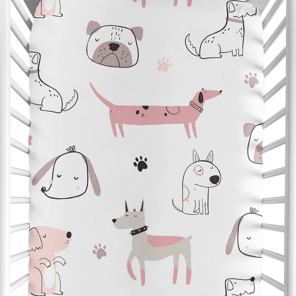 Cartoon Puppy Dog White and Pink Collection Crib Sheet
