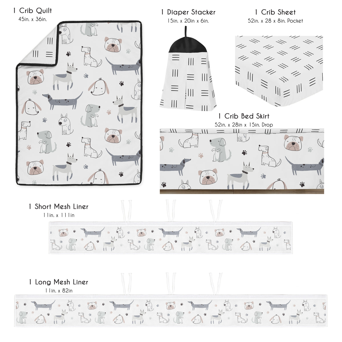 Cartoon Puppy Collection Sweet Jojo Designs 6 Piece Crib Bedding + BreathableBaby Breathable Mesh Liner