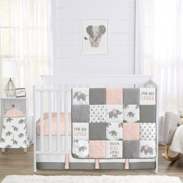 Elephant Grey And Blush Pink Collection 4 Piece Bumperless Crib Bedding