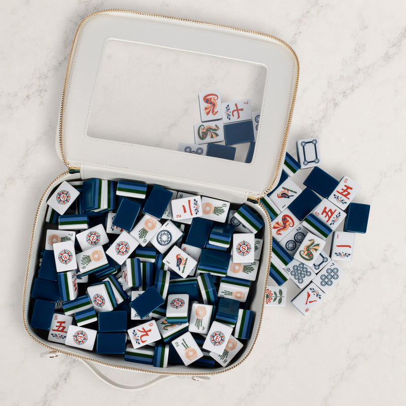 Navy Blue Folk Collection American Mahjong Tile Set (160pc) 1.24in. Layered Acrylic with White Faux Leather Travel Bag