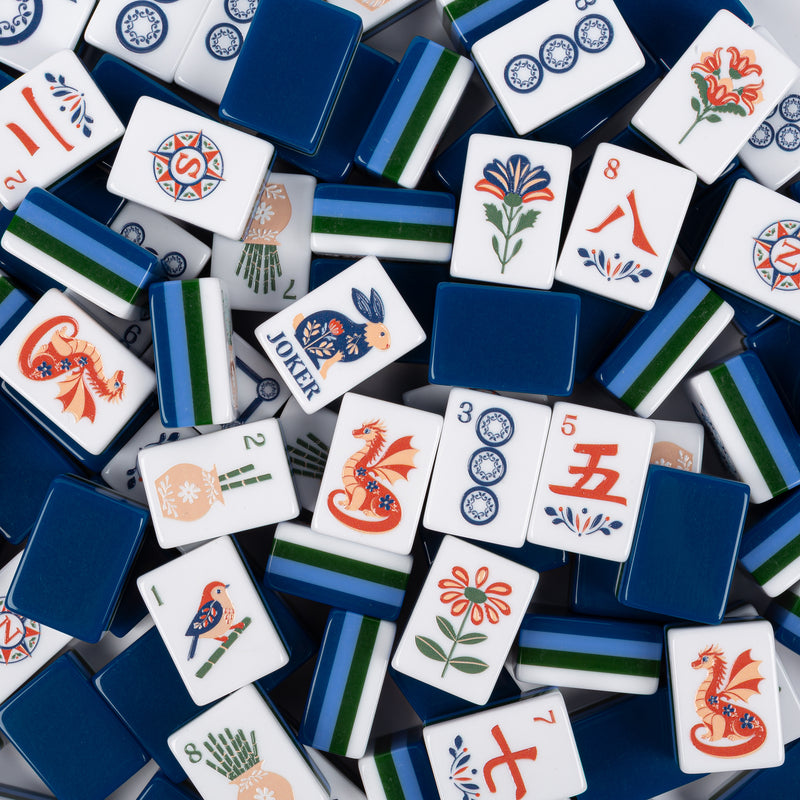 Navy Blue Folk Collection American Mahjong Tile Set (160pc) 1.24in. Layered Acrylic with White Faux Leather Travel Bag