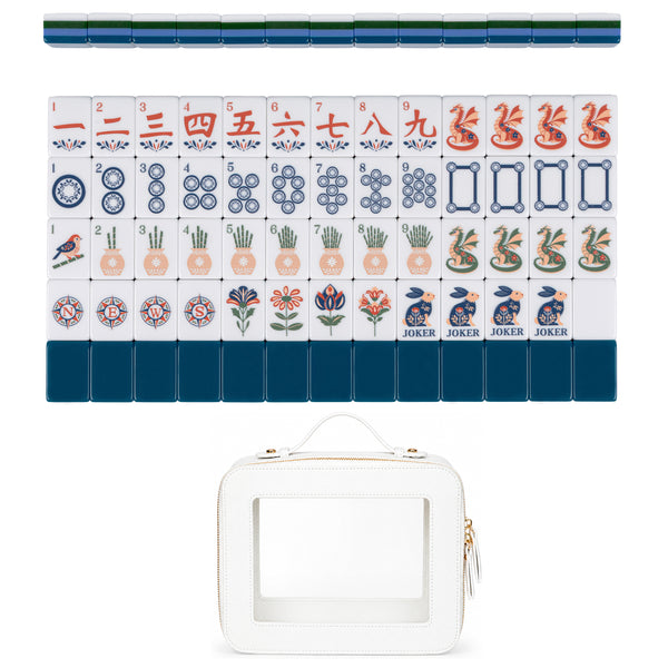 Navy Blue Folk Collection American Mahjong Tile Set (160pc) 1.24in. Layered Acrylic with White Faux Leather Travel Bag