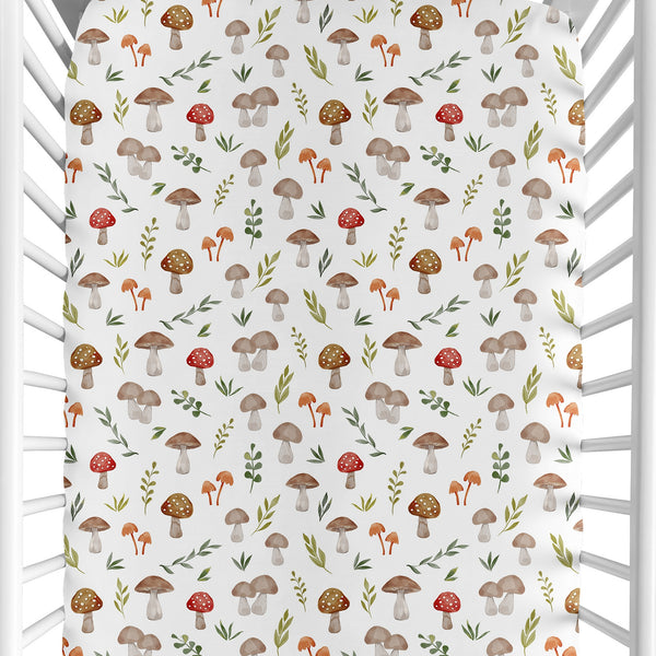 Watercolor Woodland Forest Animals Crib Sheet - Mushroom Print