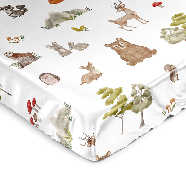 Watercolor Woodland Forest Animals Satin Fitted Crib Sheet