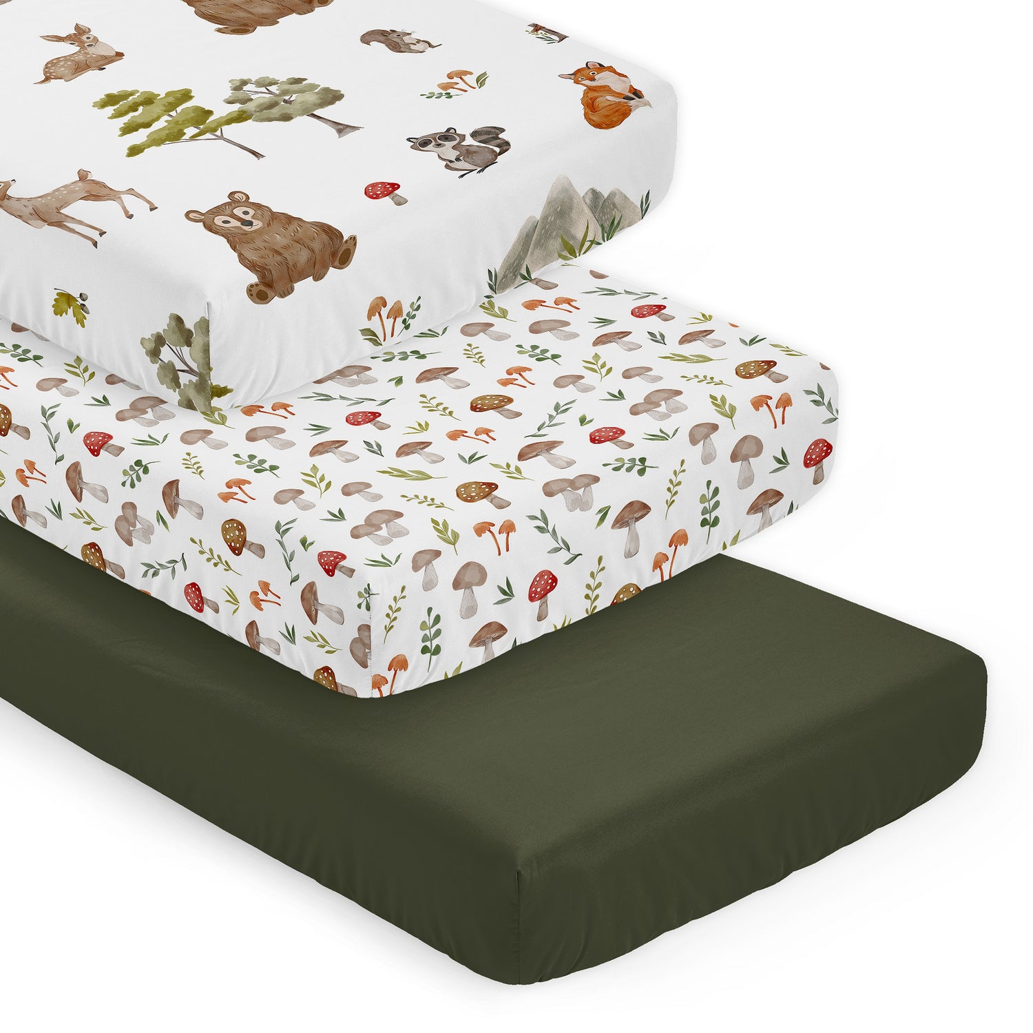 Watercolor Woodland Forest Animals Collection 3 Pack Crib Sheets