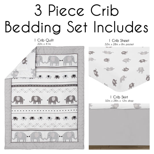 Boho Elephant Grey and White Collection 3 Piece Crib Bedding
