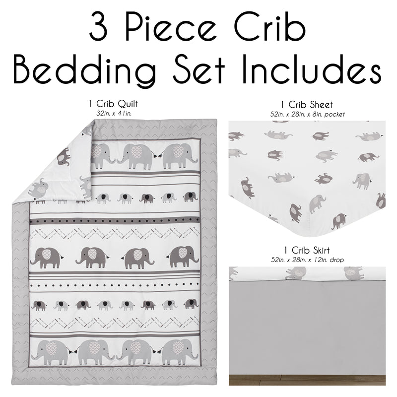 Boho Elephant Grey and White Collection 3 Piece Crib Bedding