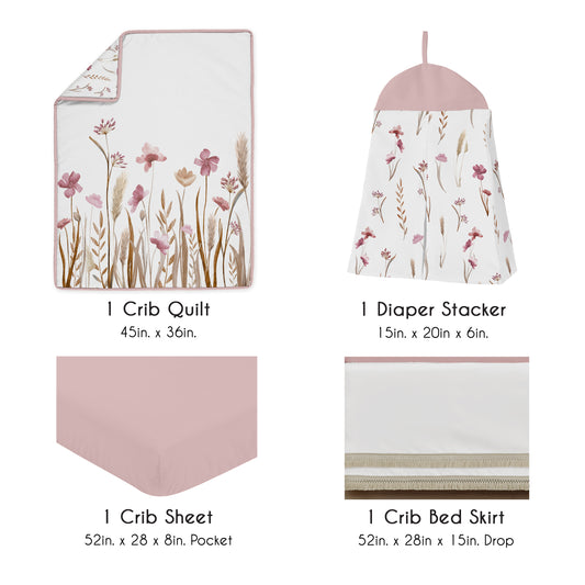 Watercolor Floral Garden Pink Collection 4 Piece Crib Bedding