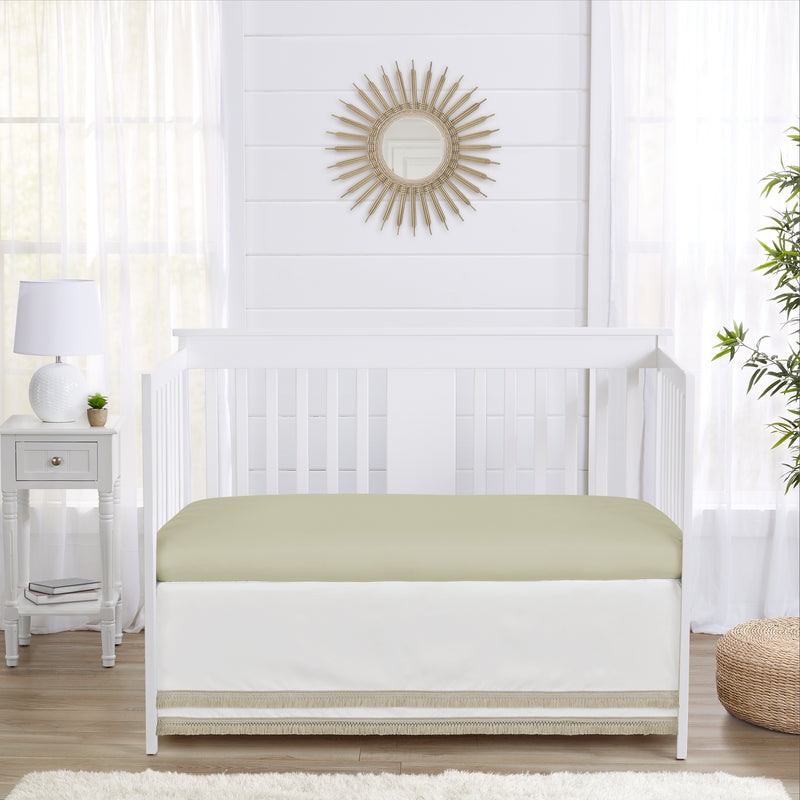 Watercolor Floral Garden Sage Green Collection Solid Ivory and Beige Fringe Crib Bed Skirt