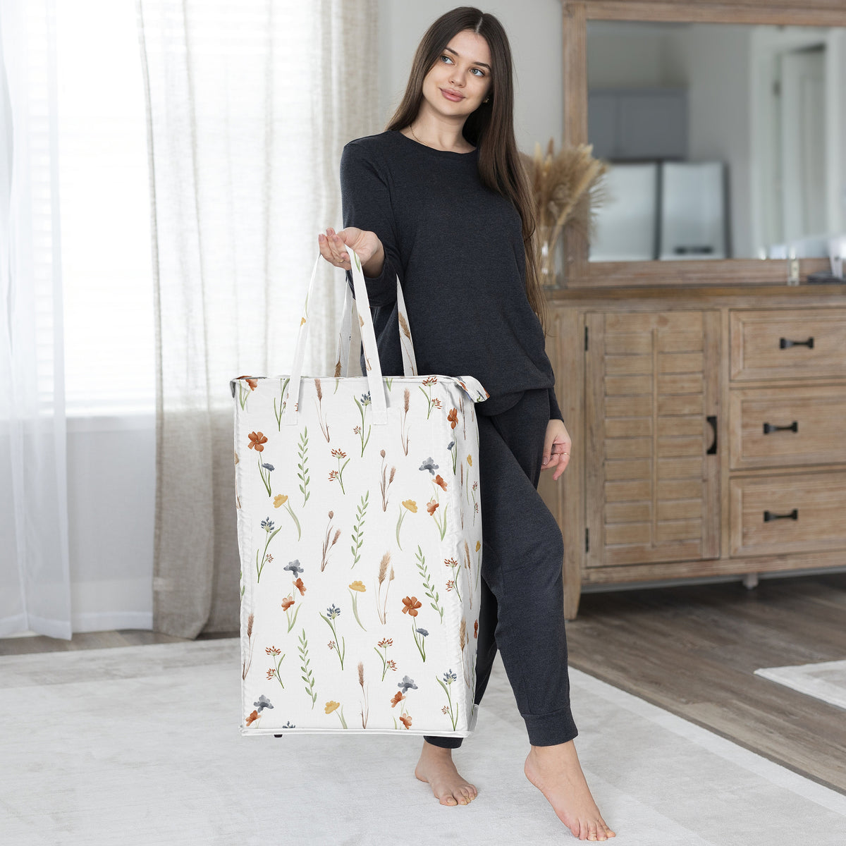 Watercolor Floral Garden Sage Green Collection Laundry Hamper with Handles