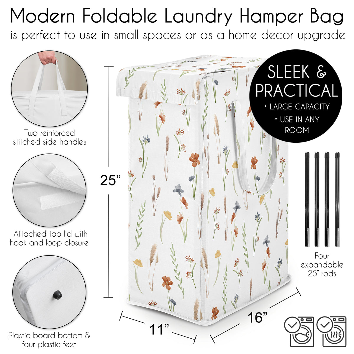 Watercolor Floral Garden Sage Green Collection Laundry Hamper with Handles