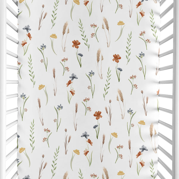 Watercolor Floral Garden Sage Green Collection Mini Crib Sheet - Mini Print