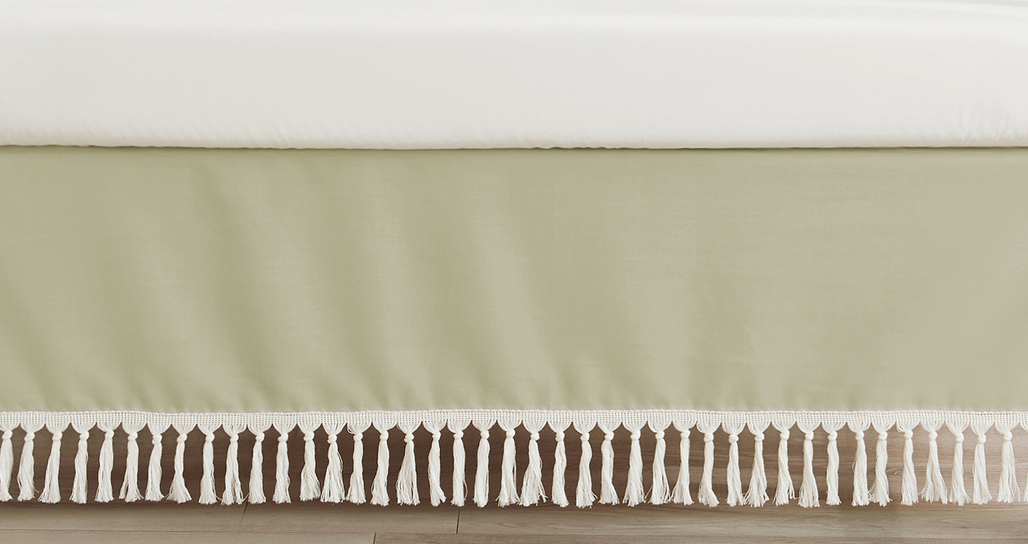 Watercolor Floral Garden Sage Green Collection Solid Sage Green Fringe Crib Bed Skirt