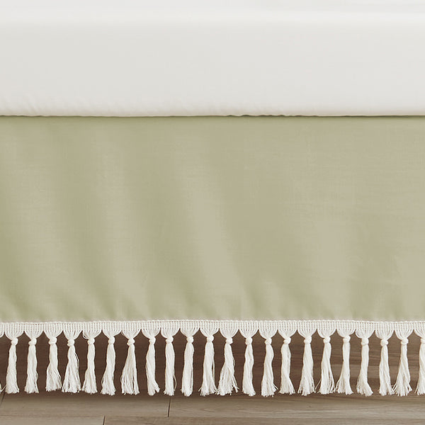 Watercolor Floral Garden Sage Green Collection Solid Sage Green Fringe Crib Bed Skirt