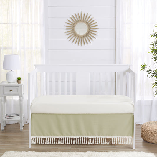Watercolor Floral Garden Sage Green Collection Solid Sage Green Fringe Crib Bed Skirt