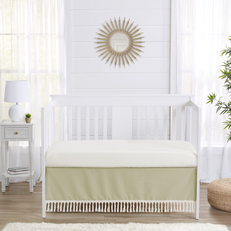 Watercolor Floral Garden Sage Green Collection Solid Sage Green Fringe Crib Bed Skirt