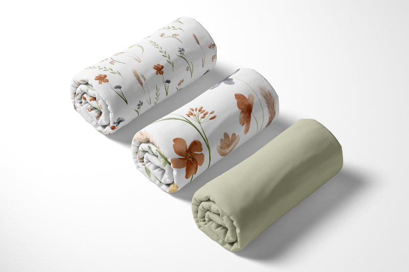 Watercolor Floral Garden Sage Green Collection 3 Pack Crib Sheets