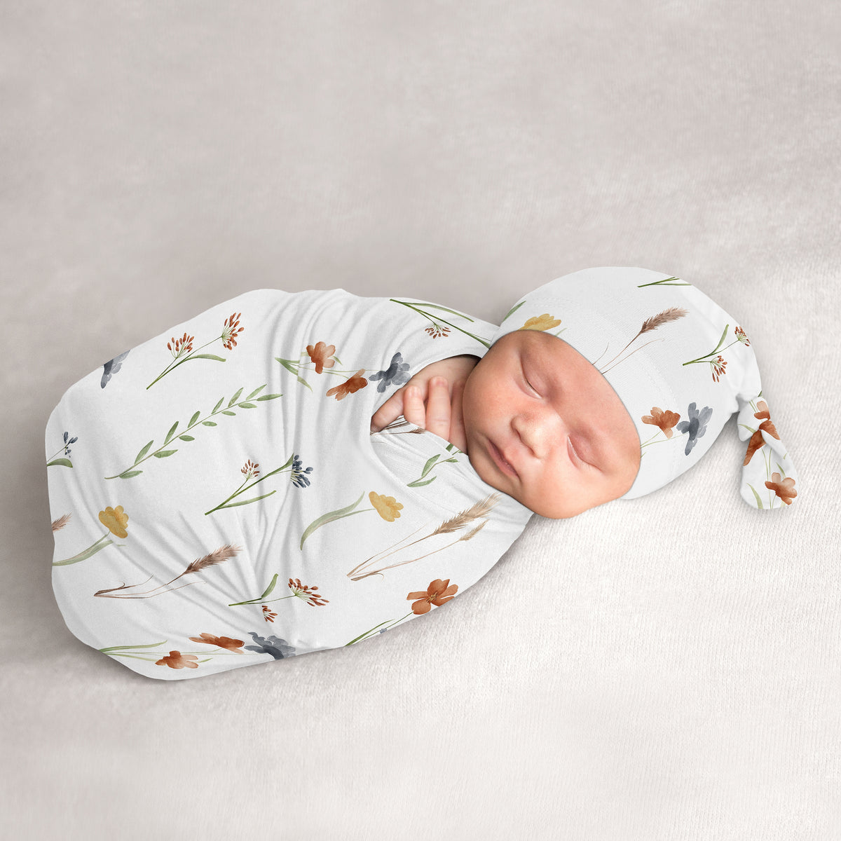 Watercolor Floral Garden Sage Green Collection Baby Cocoon and Beanie Hat - 2 Piece Set