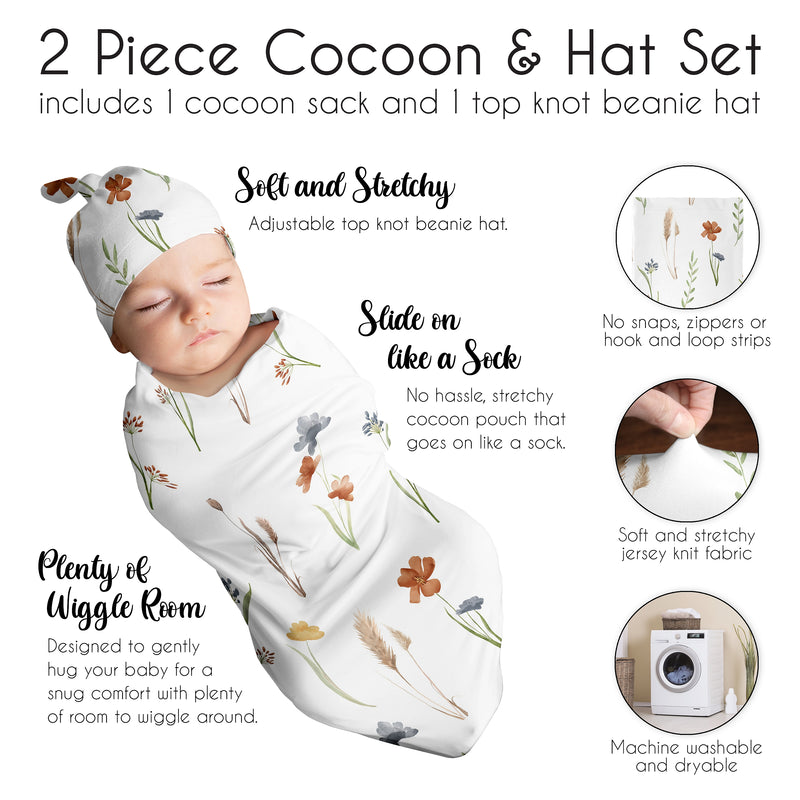 Watercolor Floral Garden Sage Green Collection Baby Cocoon and Beanie Hat - 2 Piece Set