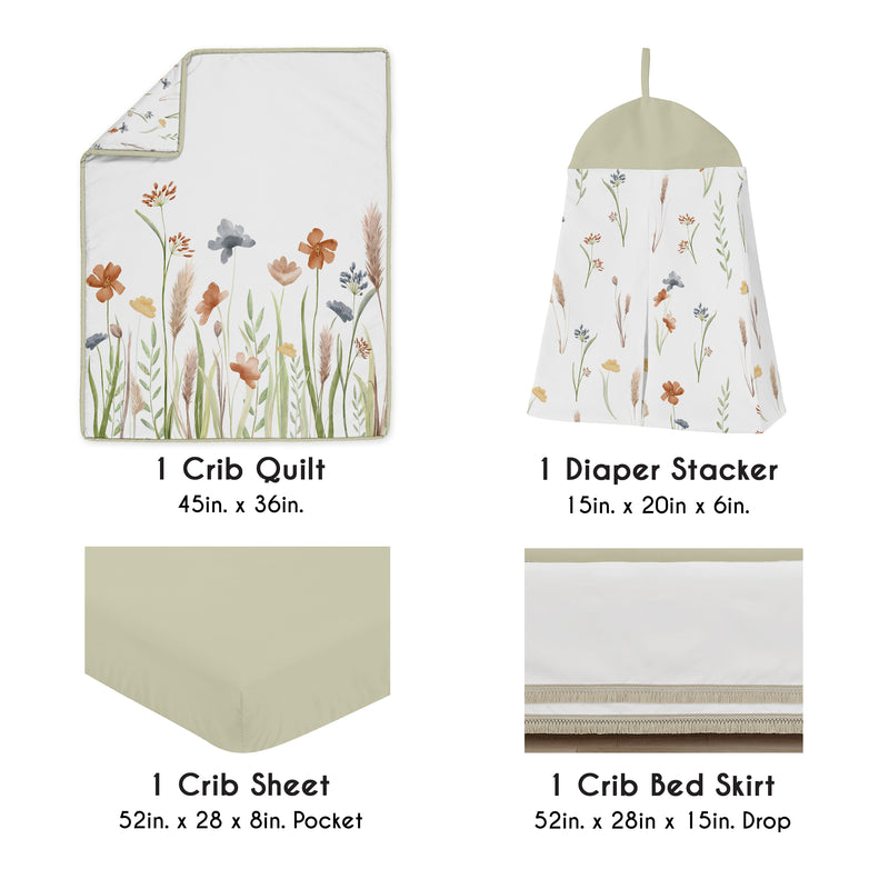 Watercolor Floral Garden Sage Green Collection 4 Piece Crib Bedding