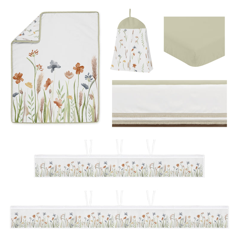 Watercolor Floral Garden Sage Green Collection Sweet Jojo Designs 6 Piece Crib Bedding + BreathableBaby Breathable Mesh Liner