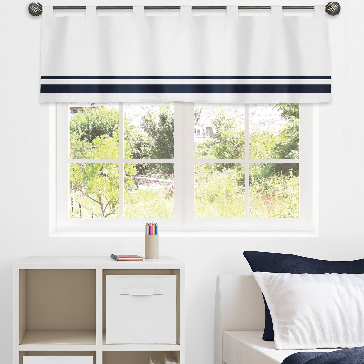Hotel White and Navy Collection Window Valance