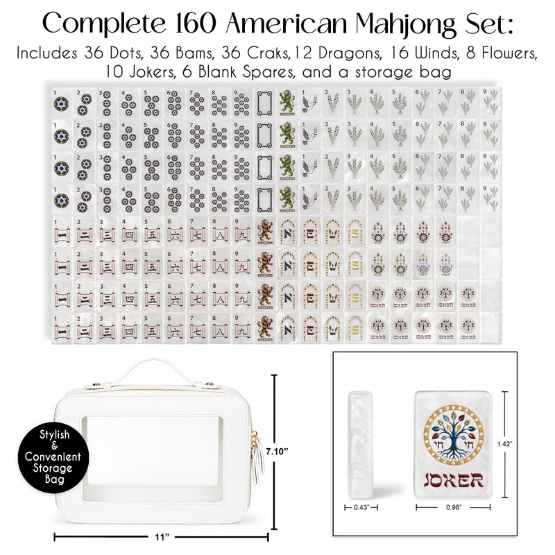 Judaica Pearl Collection American Mahjong Tile Set (160pc) 1.42 Pearlescent Acrylic with Faux Leather Travel Bag