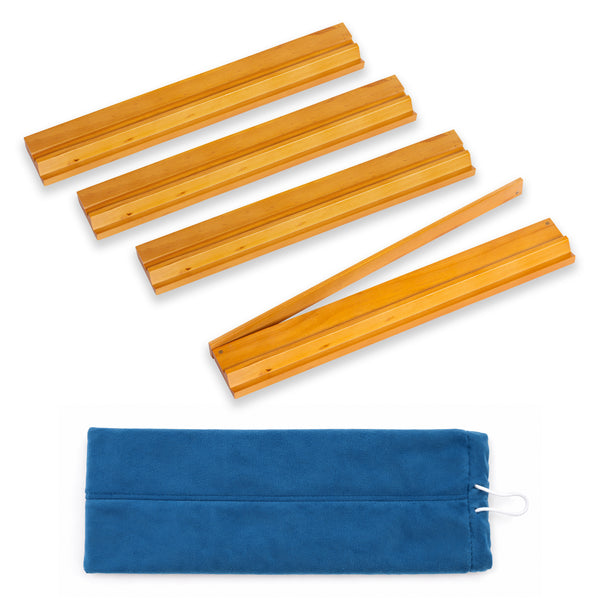 (20in.) Light Brown Wooden Mahjong Racks with Pushers & Travel Bag - Set of 4
