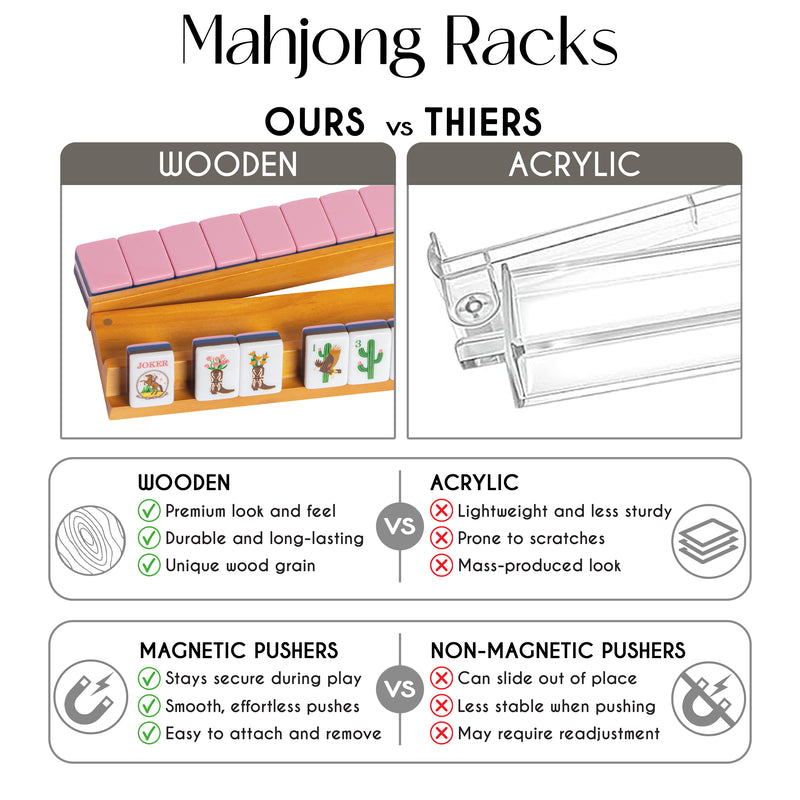 (20in.) Light Brown Wooden Mahjong Racks with Pushers & Travel Bag - Set of 4
