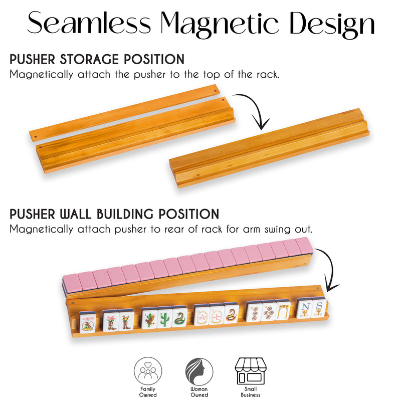 (18in.) Light Brown Wooden Mahjong Racks with Pushers & Travel Bag - Set of 4