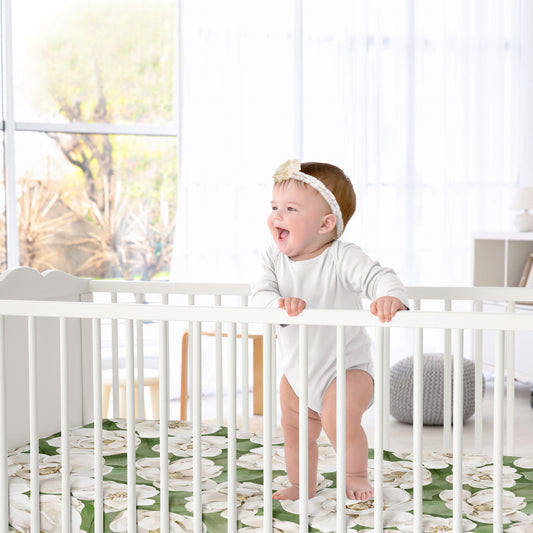 Watercolor Magnolia Sage Green and Ivory Collection Crib Sheet