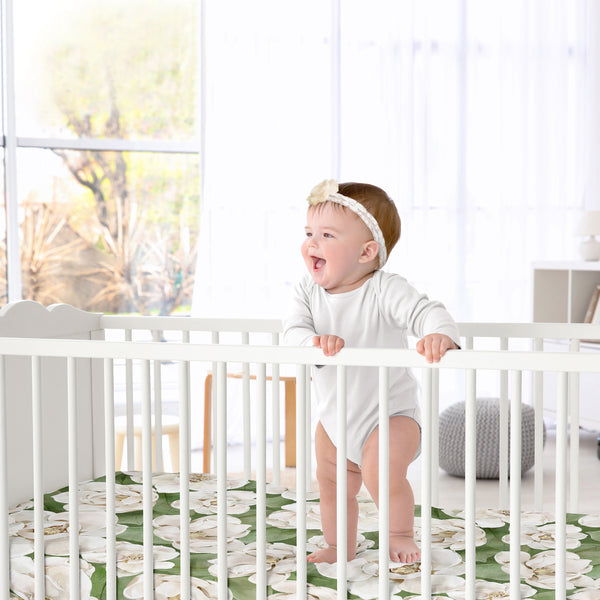Watercolor Magnolia Sage Green and Ivory Collection Crib Sheet alternate view