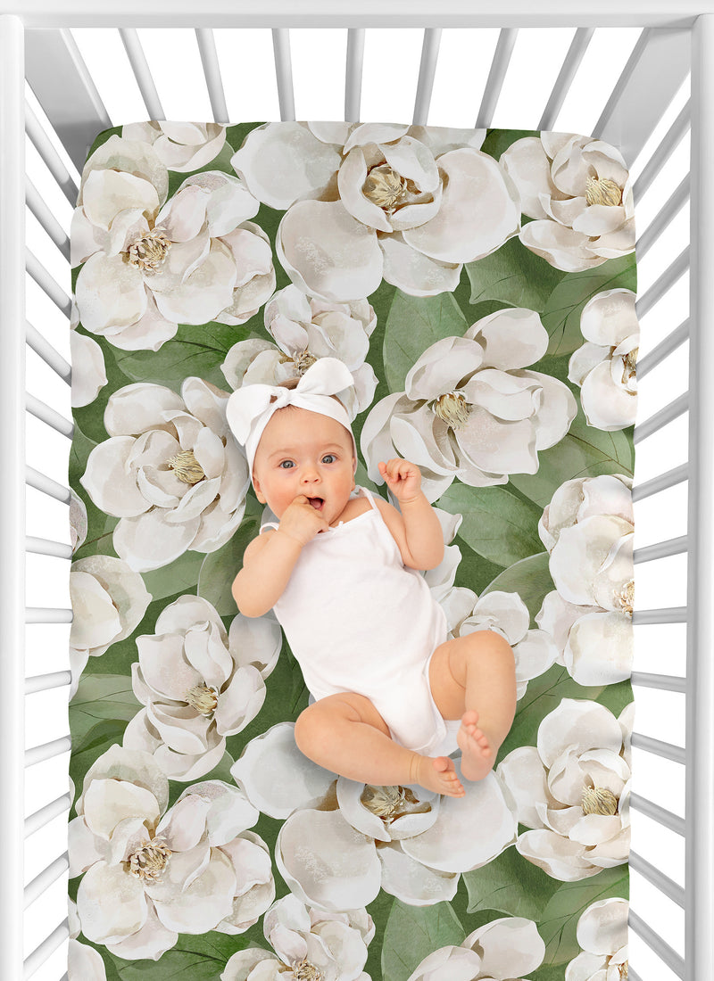 Watercolor Magnolia Sage Green and Ivory Collection Crib Sheet
