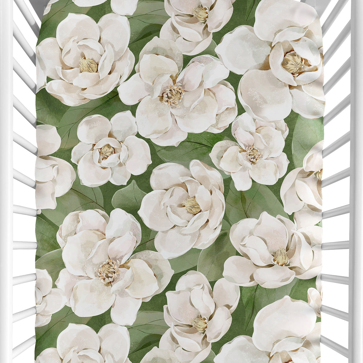 Watercolor Magnolia Sage Green and Ivory Collection Crib Sheet