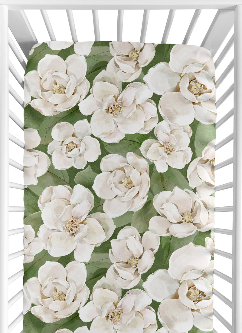 Watercolor Magnolia Sage Green and Ivory Collection Crib Sheet