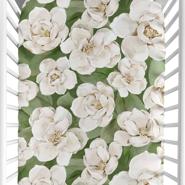 Watercolor Magnolia Sage Green and Ivory Collection Crib Sheet