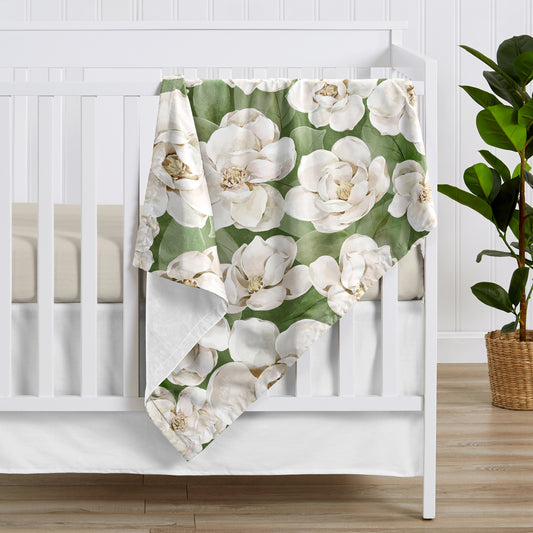 Watercolor Magnolia Sage Green and Ivory Collection Baby Blanket