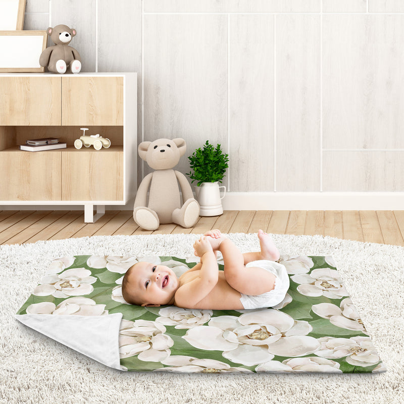 Watercolor Magnolia Sage Green and Ivory Collection Baby Blanket