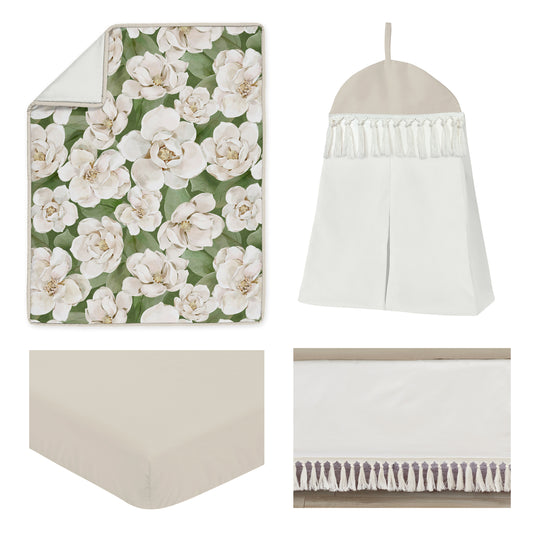 Watercolor Magnolia Sage Green and Ivory Collection 4 Piece Crib Bedding