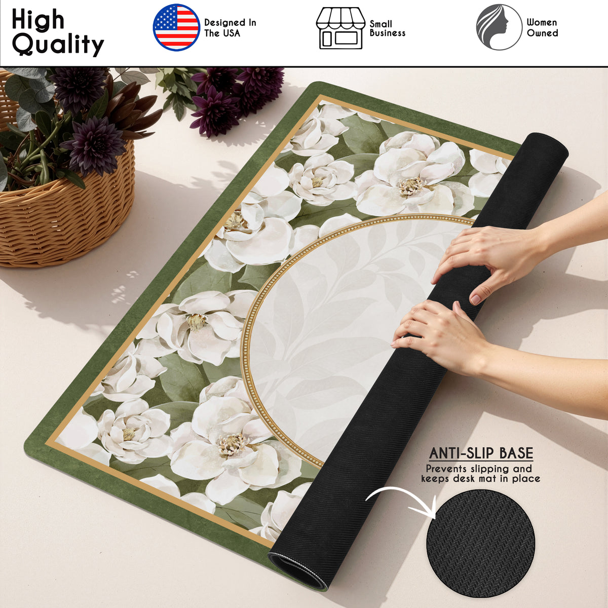 Sage Green and Ivory Watercolor Magnolia Collection Mahjong Mat for Table - Shipped Rolled