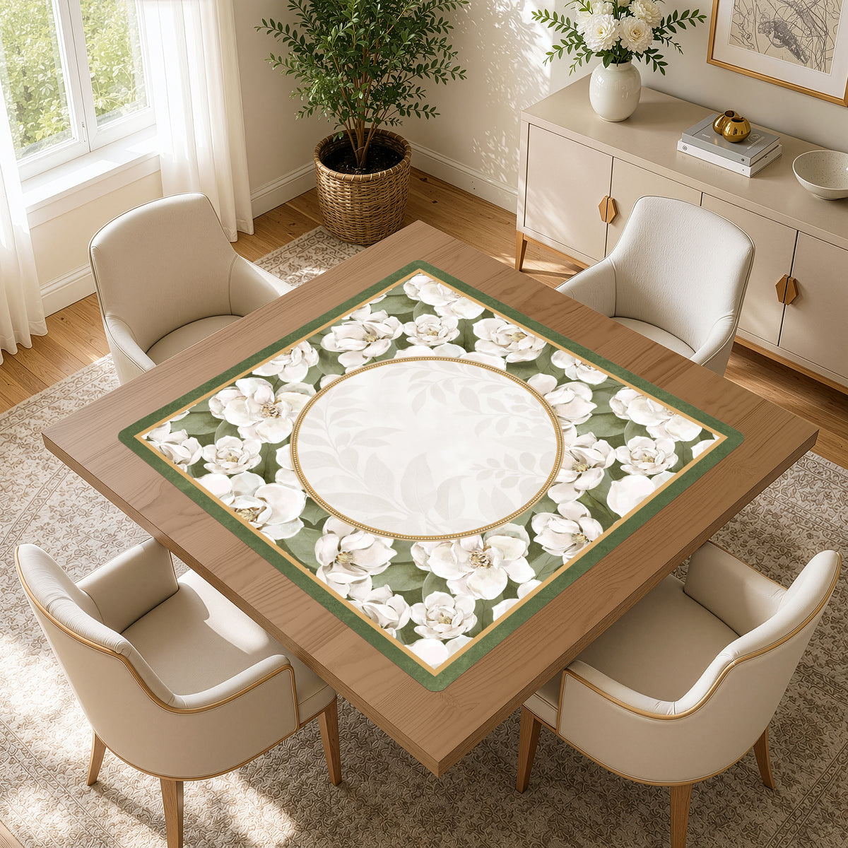 Sage Green and Ivory Watercolor Magnolia Collection Mahjong Mat for Table - Shipped Rolled