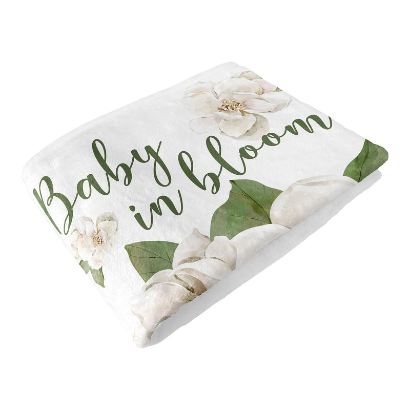 Sage Green and Ivory Watercolor Magnolia Collection Monthly Milestone Baby Blanket