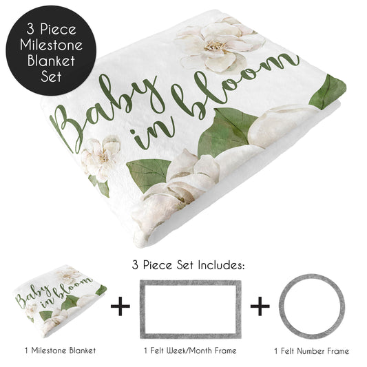 Sage Green and Ivory Watercolor Magnolia Collection Monthly Milestone Baby Blanket