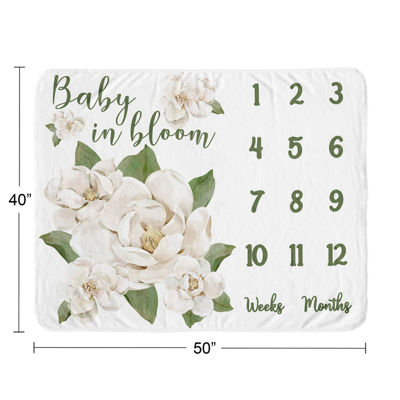 Sage Green and Ivory Watercolor Magnolia Collection Monthly Milestone Baby Blanket