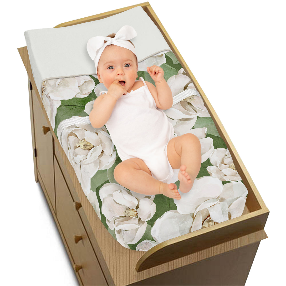 Watercolor Magnolia Sage Green and Ivory Collection Changing Pad Cover